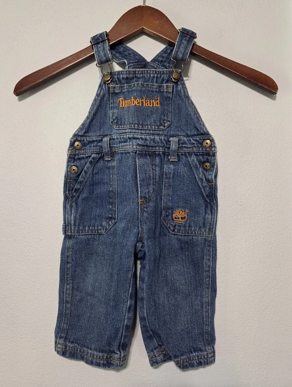 Timberland Dark Blue Denim Jean Overalls with Orange Logo Baby Size 12M